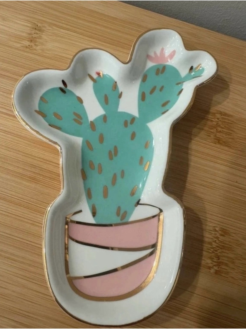 Slant Collections Ceramic Cactus Trinket Dish Pink Gold Trim 6"